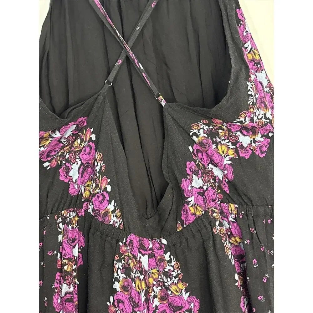 Free People Open Back Purple/Blk Slip Dress Asymmetrical Pockets‎ NWOT Gypsy XS